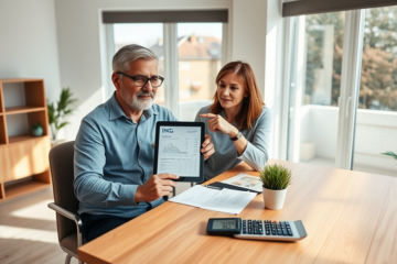 Middle-aged couple in a bright home office reviews ING loan early repayment costs and benefits on a tablet, surrounded by financial documents