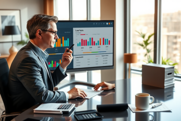 Geschäftsperson im modernen Büro nutzt Kreditsimulation mit interaktiven Diagrammen zur optimalen Wahl von Wert und Laufzeit