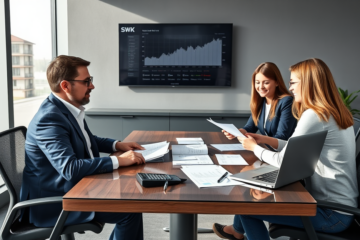 Berater überprüft Nachweise bei einem jungen Paar im SWK Bank Büro für Kredit-Finanzanalyse, professionelle Atmosphäre