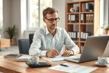 Mann in Büro, der sorgfältig Dokumente und einen Laptop zur ING Kreditaufnahme vorbereitet, umgeben von Büromaterialien