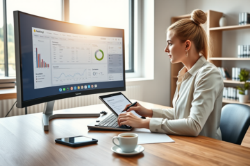 Junge Frau arbeitet konzentriert im modernen Büro mit digitaler Kontoeinsicht für Kreditantrag auf dem Computer und Tablet