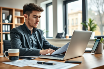 Junge Fachkraft prüft konzentriert SCHUFA-Auskunft auf Laptop in modernem Büro, um sicher einen Kredit in Deutschland zu erhalten