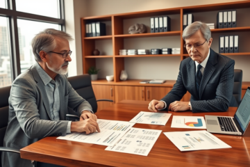 Ein Paar prüft gemeinsam mit einem Finanzberater detaillierte Kreditsummen und Fälligkeiten vor Vertragsabschluss in einem modernen Büro
