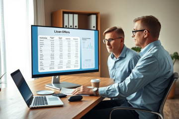 Mann im modernen Homeoffice prüft sorgfältig Kreditangebote und Simulationen der norisbank am großen Bildschirm