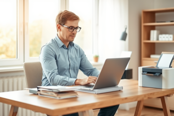 Mann in modernem Homeoffice sortiert sorgfältig Dokumente zur Kreditablösung und sichert Nachweise zur Prüfung