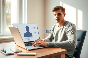 Junge Person nutzt Laptop in hellem Heimarbeitsplatz für einfache SWK Bank Online-Kreditanfrage Identifikationsphase