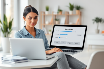 Junge Frau im modernen Büro testet passende Monatsrate mit digitalem Ratenrechner auf Laptop für Finanzbildung