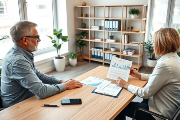 Mann und Frau prüfen gemeinsam mit einem Finanzberater Tarife und Zusatzkosten bei einem Kreditabschluss in einem hellen Büro