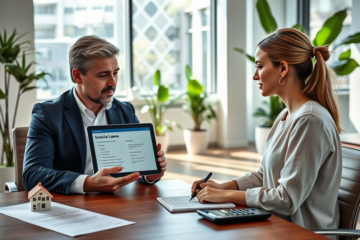 Berater erklärt einer jungen Frau in modernem Büro die Vorteile und Unterschiede von Kredit ohne Sicherheit bei Finanzberatung