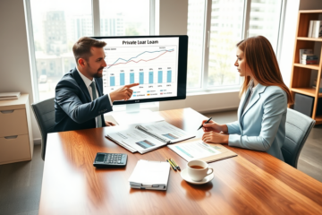 Zwei Personen vergleichen Privatkredite im modernen Büro, analysieren Zinsen und Endwert an Monitor und Dokumenten.