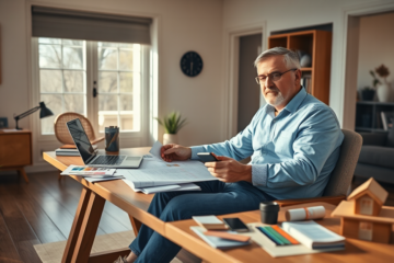 Mann sitzt im hellen Home-Office und berechnet realistisch seinen Renovierungskreditbedarf mit Laptop und Bauplänen