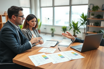 Ein Paar berät sich mit einem Finanzberater über Kreditvergleiche in einem hellen Büro, wobei sie sorgfältig verschiedene Kreditraten und Bedingungen prüfen