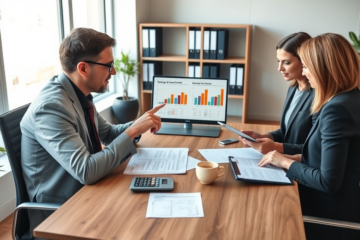 Professionelles Gespräch im Büro über langfristigen Kreditvergleich mit realistischen Dokumenten, Laptop und Notizen