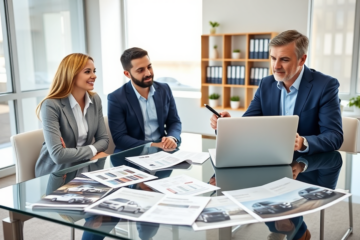 Junges Paar besprecht in modernem Büro mit Finanzberater Autofinanzierung und vergleicht passende Finanzierungslösungen