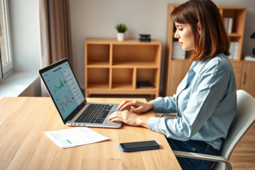 Junge Frau nutzt Schuldenrechner an Laptop im modernen Homeoffice zur schnellen Überprüfung von Einkommen und Schulden