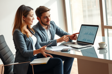 Junges Paar analysiert Kreditzahlungen und Gesamtkosten an einem Laptop in modernem Büro für norisbank Kreditvergleich