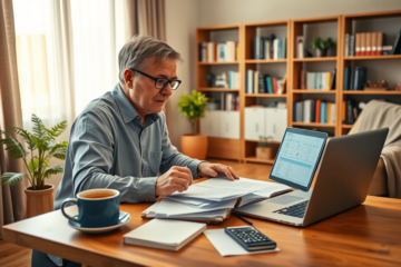 Person prüft in einem modernen Homeoffice Finanzdokumente und Raten für Kredit bei unvorhergesehenen Ausgaben