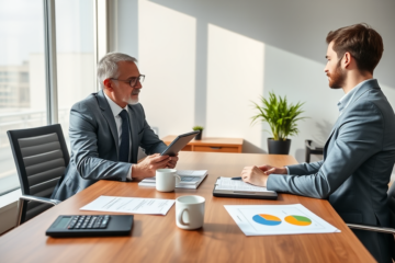 Zwei Personen in einem modernen Büro besprechen wichtige Faktoren bei der Wahl eines Privatkredits in einer professionellen Umgebung