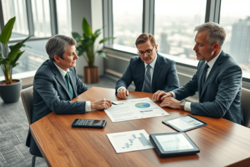 Ein Paar erläutert im modernen Bankbüro mit einem Finanzberater die Prüfung eines Kredits passend zu ihren Zielen