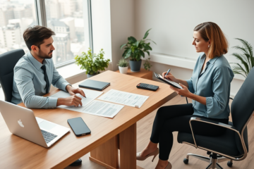 Zwei Personen im modernen Büro besprechen konzentriert einen Kreditvergleich und bewerten korrekt das Arbeitsverhältnis anhand sorgfältiger Dokumente